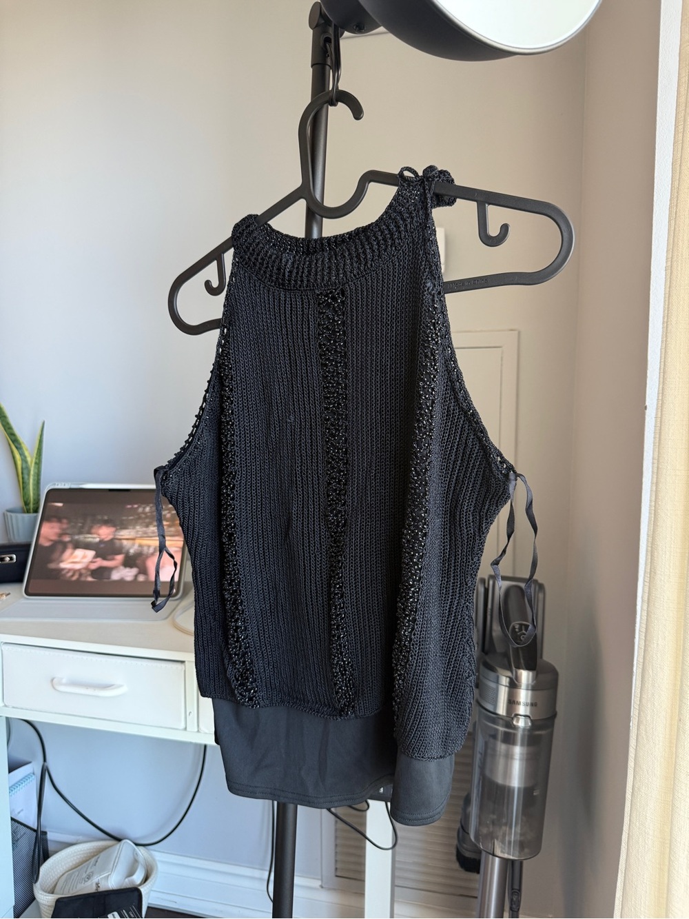 Sleeveless Black Knit Tank with Tie-Shoulder Detail